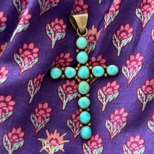Vintage 1970’s Navajo Sterling Silver Cross Pendant With Real Turquoise Stones